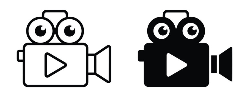 Minimalist movie camera icons, black and white film projector symbols, flat vector video production graphics for cinema and media apps
