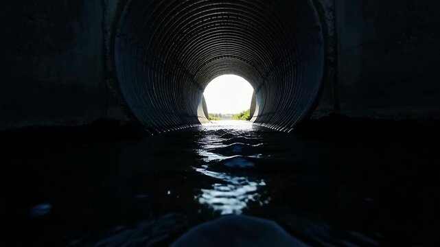 Rippling water reacting to sunlight in culvert and shallow stream, moving toward lens in metal pipe