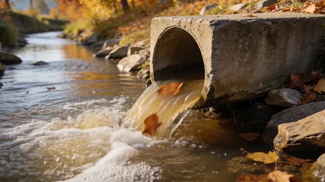 Pouring concrete culvert releasing water at stream bank, forming foam, carrying leaves, copy space