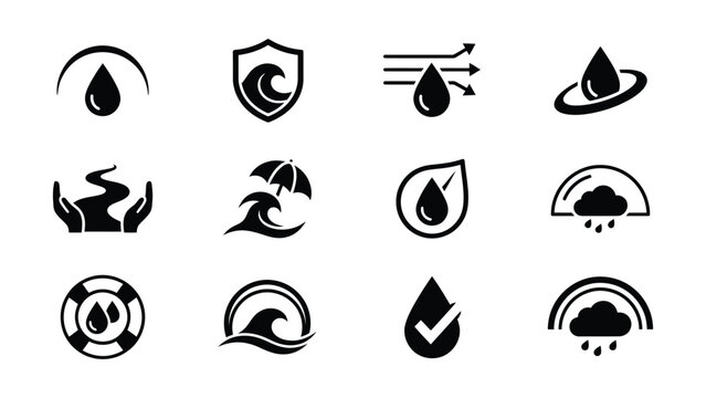 Collection of weather and water protection icons with transparent backgrounds