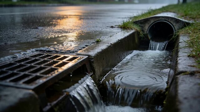 Flowing runoff from road after rain, grate and culvert pouring water into roadside stepped channel