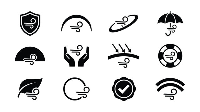 Set of weather condition icons featuring wind symbols in various shapes
