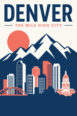 Naklejka premium Denver Mile High City Skyline Travel Poster Vector Illustration