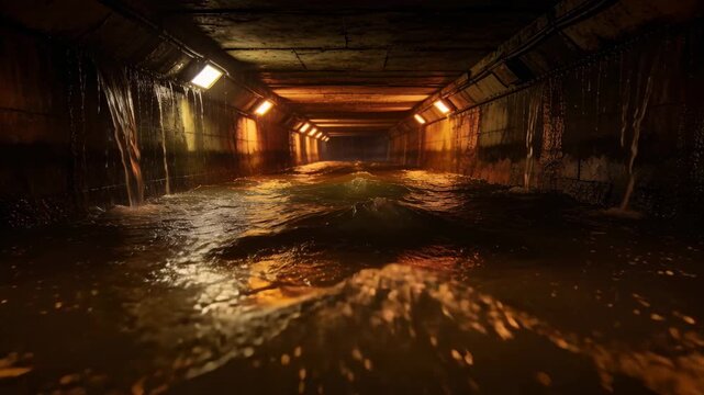 Moving low camera revealing flooded channel and water ripples in drain tunnel, showing amber lamps