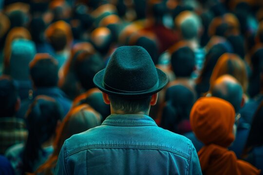 Man with a hat and denim jacket standing with his back to the viewer among a large crowd