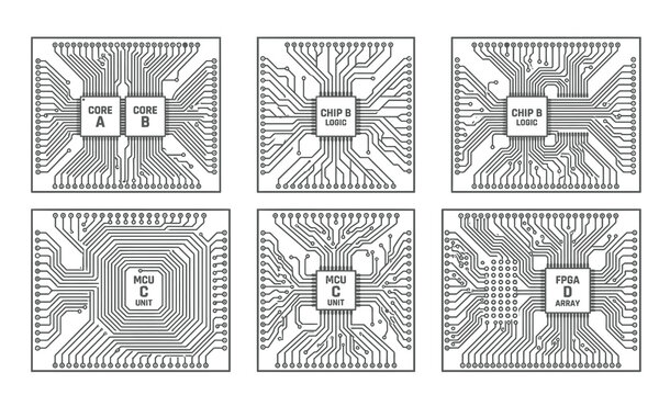Technical microchip circuit diagram set, 6 electronic processor icons, computer hardware motherboard components, vector semiconductor chips