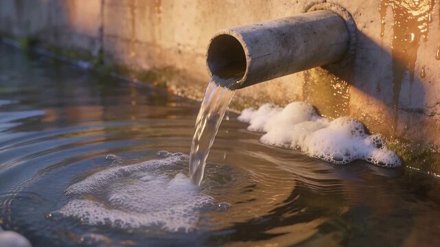 Flowing metal drainage pipe releasing stream at concrete wall, forming expanding ripples and foam