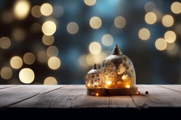 Fototapeta premium Decorative christmas lanterns on a wooden surface with a shimmering bokeh background, creating a cozy holiday atmosphere