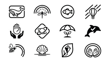 Obraz premium Set of twelve simple line icons depicting various nature and activity symbols