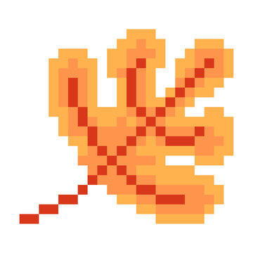 Pixel art illustration of a single brown autumn leaf with a warm red and orange color palette, isolated on a white background. Retro blocky pixel style emphasizing the simple shape and natural details
