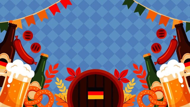 Animated Oktoberfest celebration featuring overflowing beer mugs, pretzels, sausages, bottles, bunting flags, autumn leaves and German colors, creating a festive atmosphere for beer festival