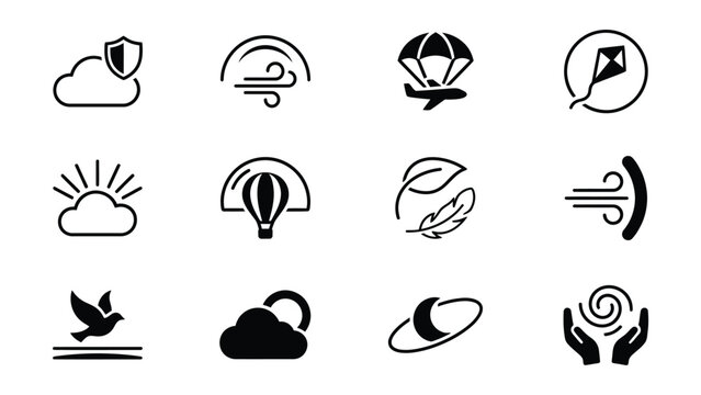 Set of twelve weather and nature activity icons with transparent background
