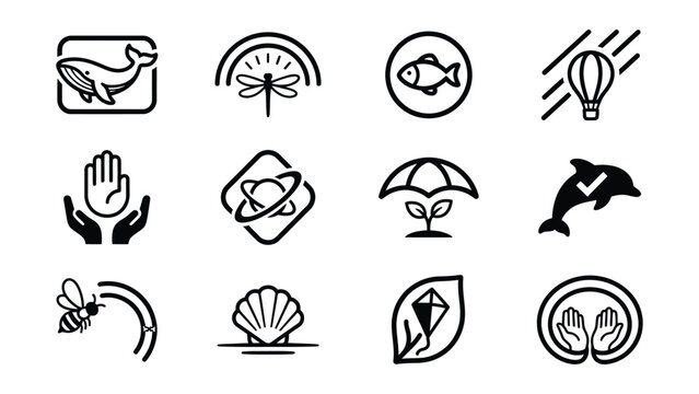 Set of twelve simple line icons depicting various nature and activity symbols
