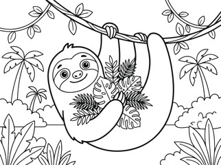Naklejka premium Cute cartoon sloth hanging on a tree branch holding tropical leaves, coloring page for kids
