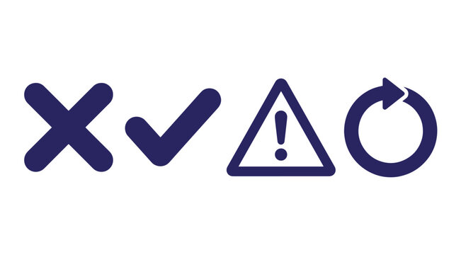 Set of dark blue interface including a cross mark, a check mark, a triangular warning sign with an exclamation point, and a refresh arrow