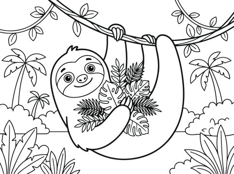 Cute cartoon sloth hanging on a tree branch holding tropical leaves, coloring page for kids