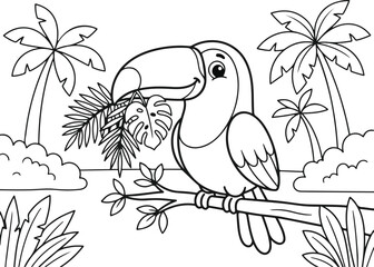 Naklejka premium Coloring page with a cute toucan holding a tropical leaf in the jungle
