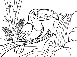 Naklejka premium Coloring page with a cute toucan sitting on a branch by a waterfall