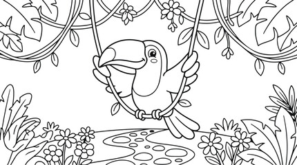 Naklejka premium Cute cartoon toucan bird sitting on a swing in the jungle, coloring page for kids