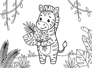 Naklejka premium Cute cartoon zebra standing and holding a bouquet of tropical leaves