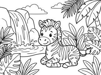 Naklejka premium Cute baby zebra sitting near a jungle waterfall, coloring page for children