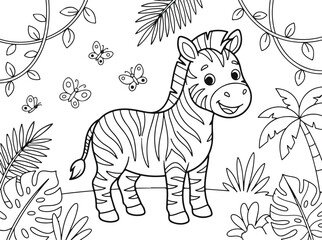 Naklejka premium Cute zebra standing in the jungle with butterflies, coloring page for kids