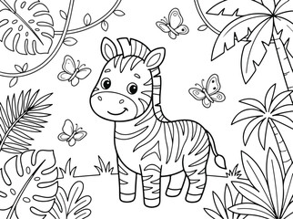 Naklejka premium Cute cartoon zebra standing in the jungle with butterflies and tropical plants, coloring page for kids