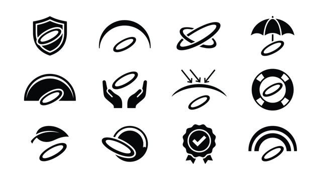 Collection of various abstract icons featuring shields and symbols with transparent backgrounds