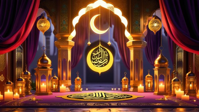 Luxury mosque interior template decorated with purple curtains golden fanous lanterns glowing candles and crescent moon symbol for Islamic festival celebration