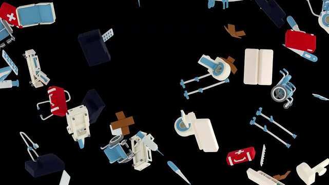Stylized loopable animation of several objects related to healthcare and medicine, such as a syringe, whelchair, pills, and so on, randomly falling and rotating, 3d render with alpha channel