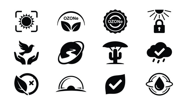 Collection of black line icons representing environmental and naturerelated concepts