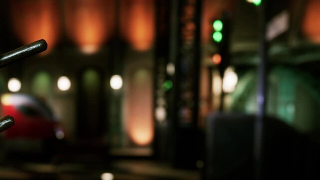 A gathering takes place in a venue with soft lighting. People chat and relax while green lights guide their way. The scene shows elements of urban life at night.
