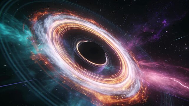 Pulling matter via gravity, black hole and accretion disk rotating in deep space, with magenta jet