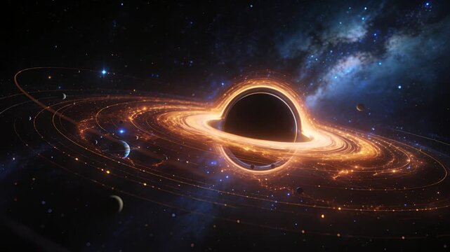 Rotating black hole pulling accretion disk inward under gravity near milky nebula and ringed planet