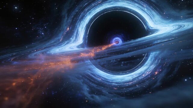 Feeding black hole in space drawing orange plasma from left into accretion ring, forming spiral