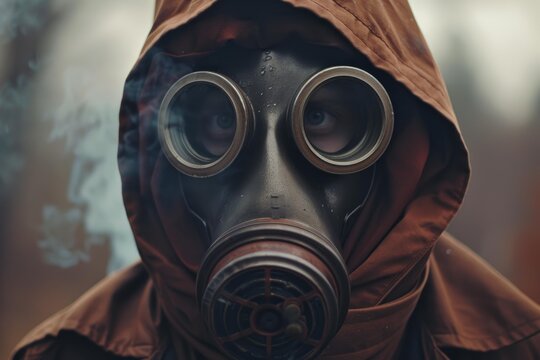 Close up of a person wearing gas mask and a brown hood in a smoky environment, conveying a sense of danger and dystopia