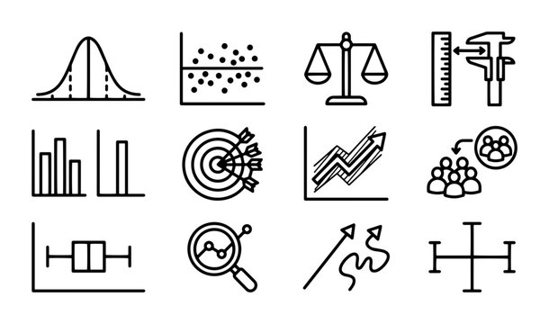 Data Analysis Icons Set, Statistics & Research Graphics, Business Metrics & Measurement Tools, Vector Illustrations