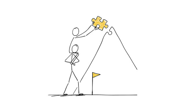 Continuous line drawing achievement mountain goal business presentation, Success illustration, Goal setting, Reaching for puzzle piece, Goal attainment, Yellow marker, Career concept