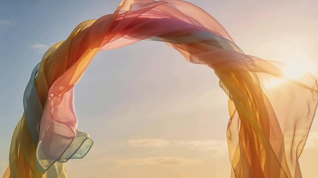Breeze lifting colorful chiffon ribbon, ribbon twisting into arch at open horizon, sun glinting