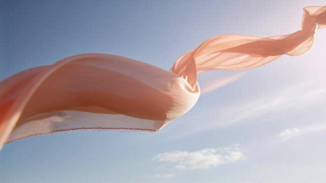 Floating sheer peach ribbon undulating in blue sky, driven by breeze, frayed edge and sunglare
