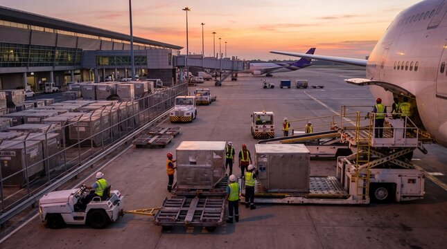An organized airport scene with cargo loading operations.