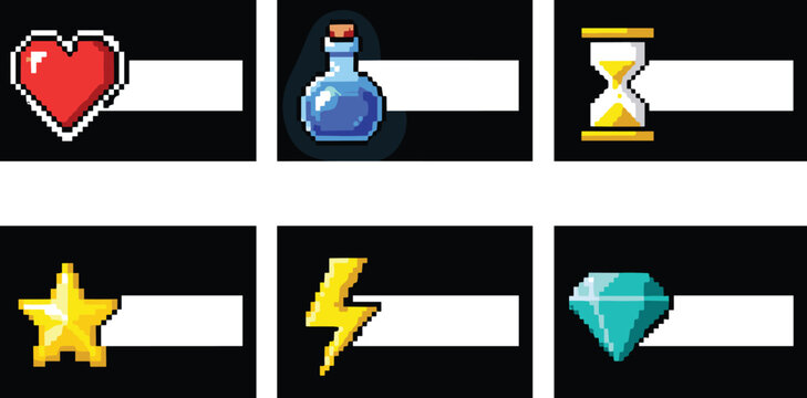 Pixel Art Game UI Bar Icon Set Featuring Health Heart, Mana Potion, Hourglass Timer, Star, Lightning, and Diamond Elements