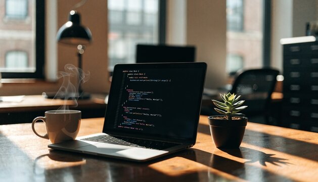 An office desk featuring an open laptop displaying lines of clean code, flanked by a steaming ceramic coffee mug and a small green succulent plant.  