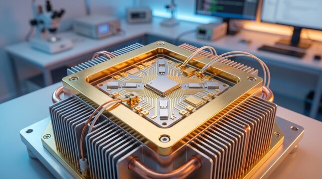 A futuristic quantum chip design with connectors visible.