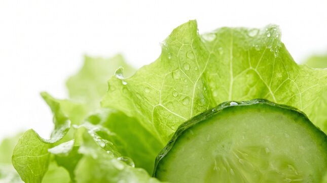Fresh green lettuce and cucumber slice with water drops macro shot