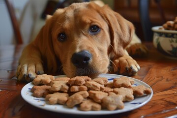 Naklejka premium Fox red labrador retriever puppy waiting patiently near a plate of dog treats