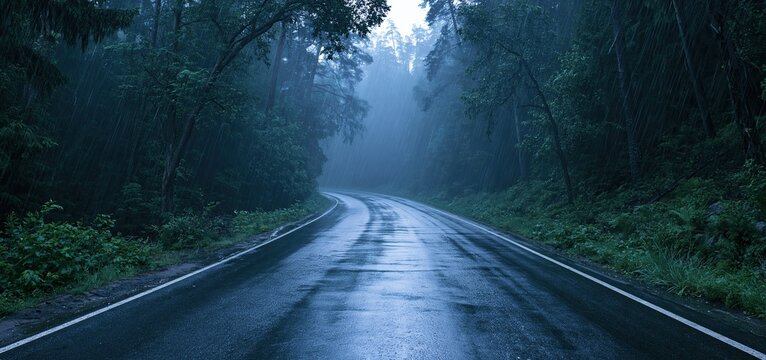 A wet highway winds through thick fog in a stormy forest, creating a dramatic and intense natural setting.