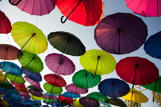 Bright umbrellas in many colors create a suspended outdoor canopy, festive street decoration, creative summer background.
