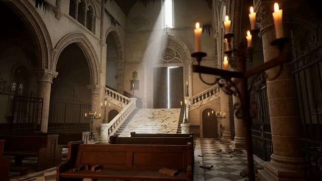 Moving camera bringing altar with cruciform cross closer in Gothic nave, highlighting wax stains