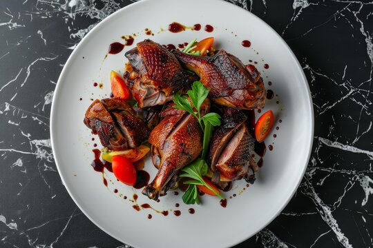 Delicious roasted duck legs served with fresh cherry tomatoes, greens, and drizzled with sauce on a white plate, placed on a marble table